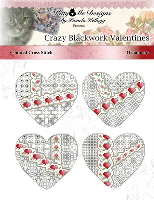 Crazy Blackwork Valentines Ornaments Counted Cross Stitch Pattern